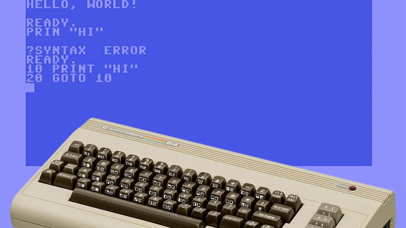 Commodore-64-Computer-with-BASIC-programming-language-on-screen