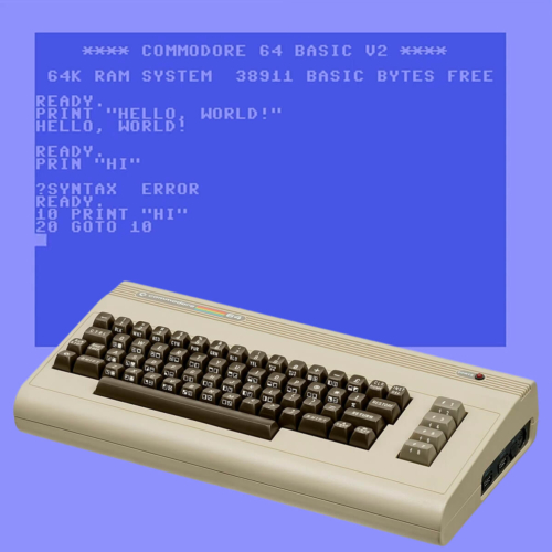 Commodore-64-Computer-with-BASIC-programming-language-on-screen